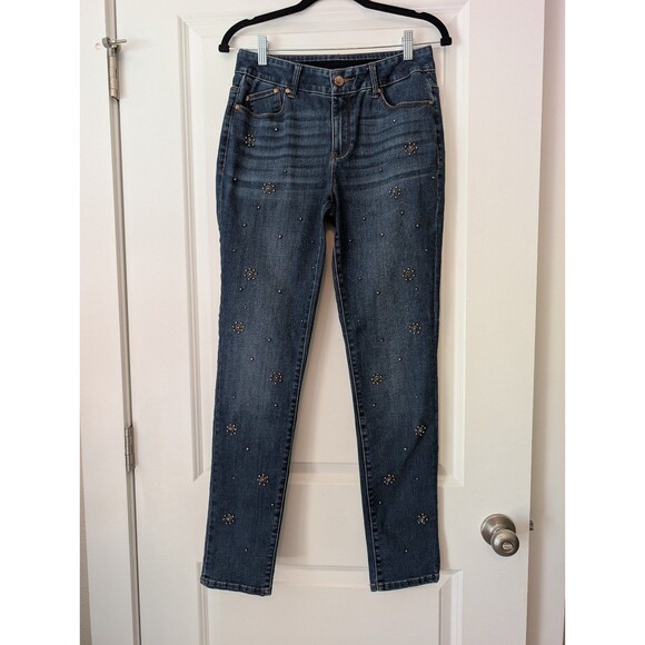Chico's Dark Blue Denim Gray Beaded Y2K Midrise Ankle Jeans Women's Size 4R - Picture 1 of 12